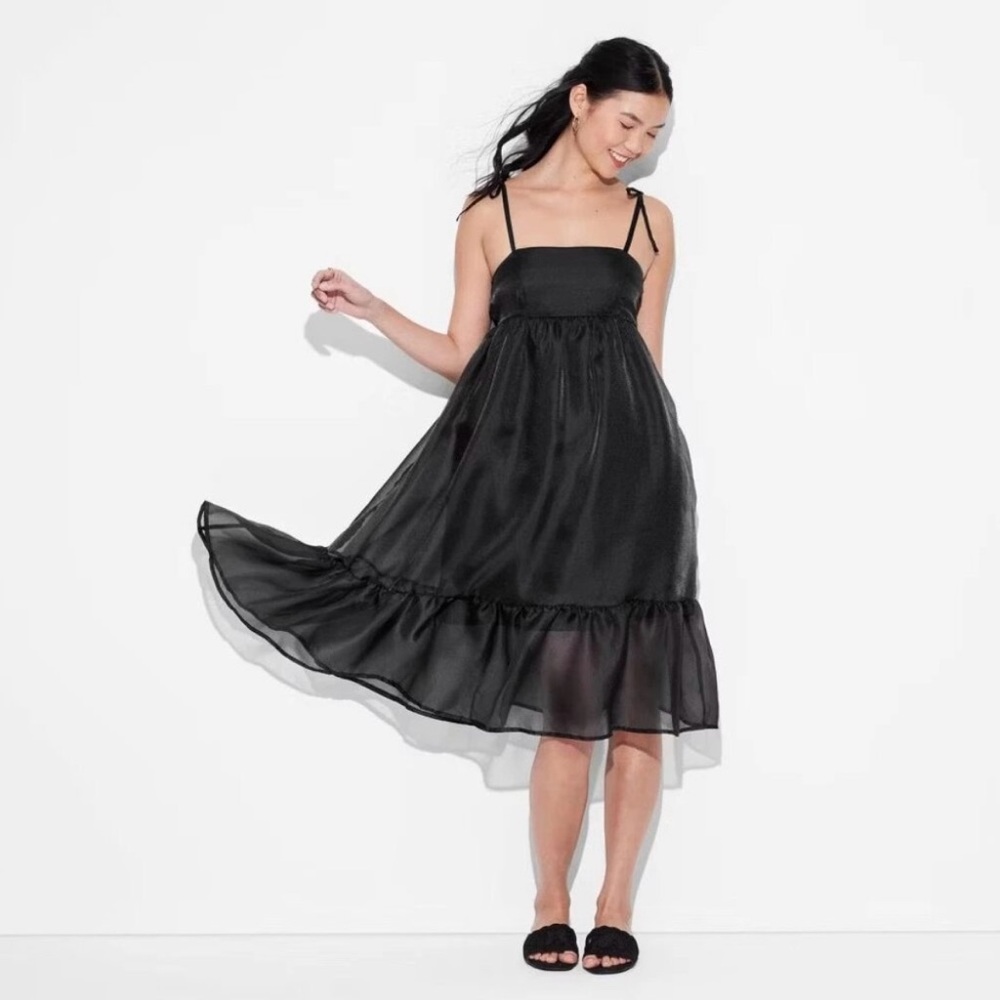 NWT Wild Fable Women's Organza Midi Babydoll Dress Black Size L Flowy Romantic